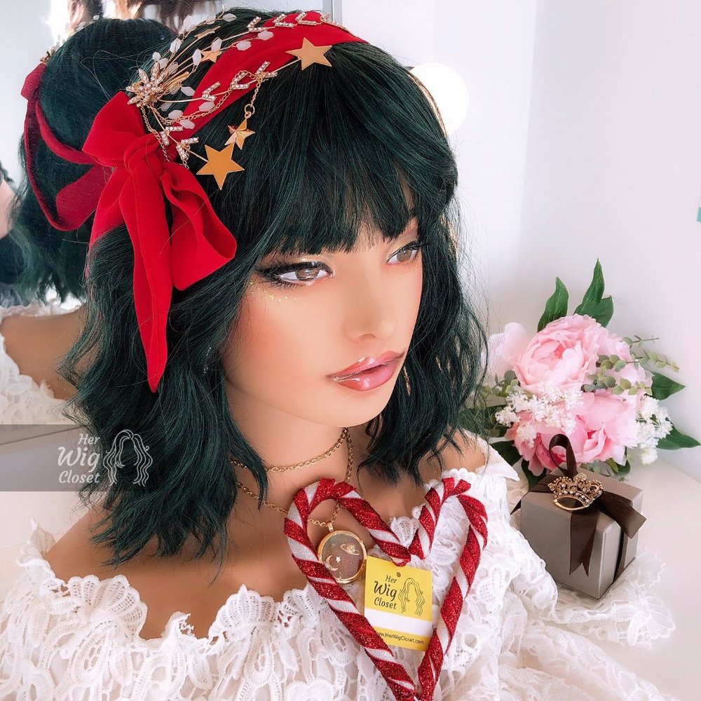 12" Pastel Dark Green Wavy Wig with Bangs |Polaris - Picture 8 of 9